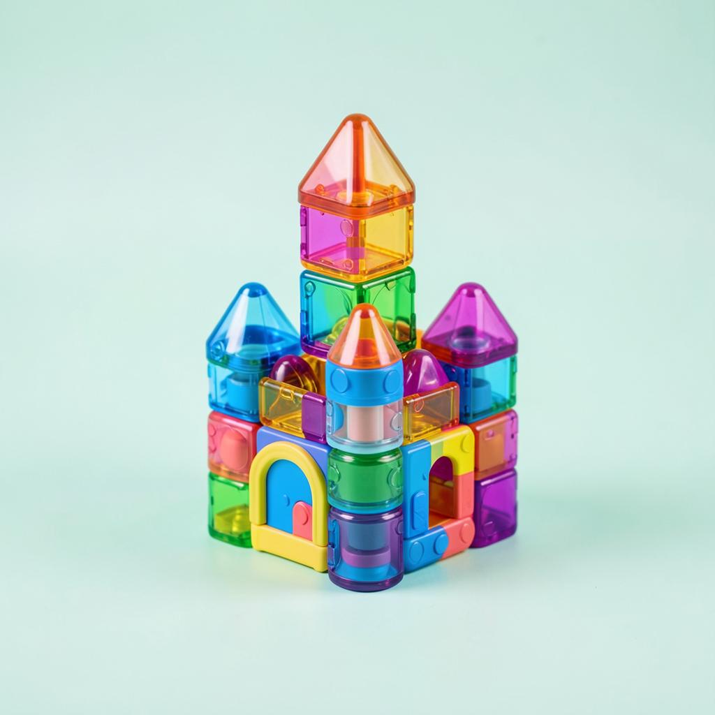 Colorful magnetic building tiles stacked into a castle